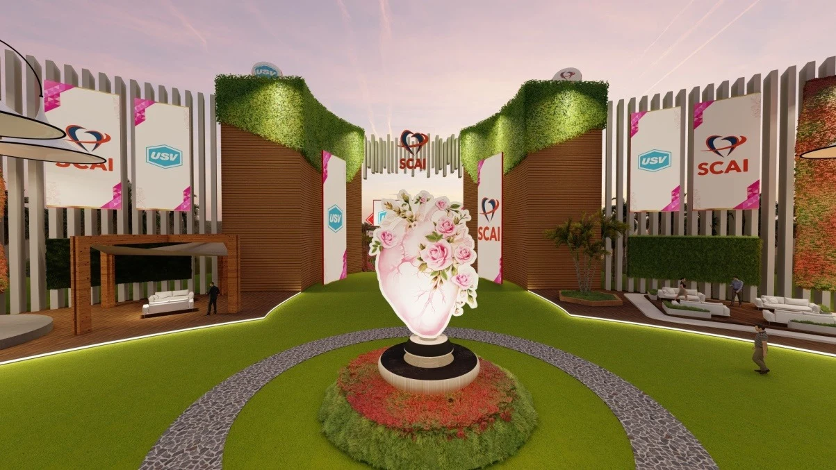 Rendered USV and SCAI virtual venue with a floral heart installation